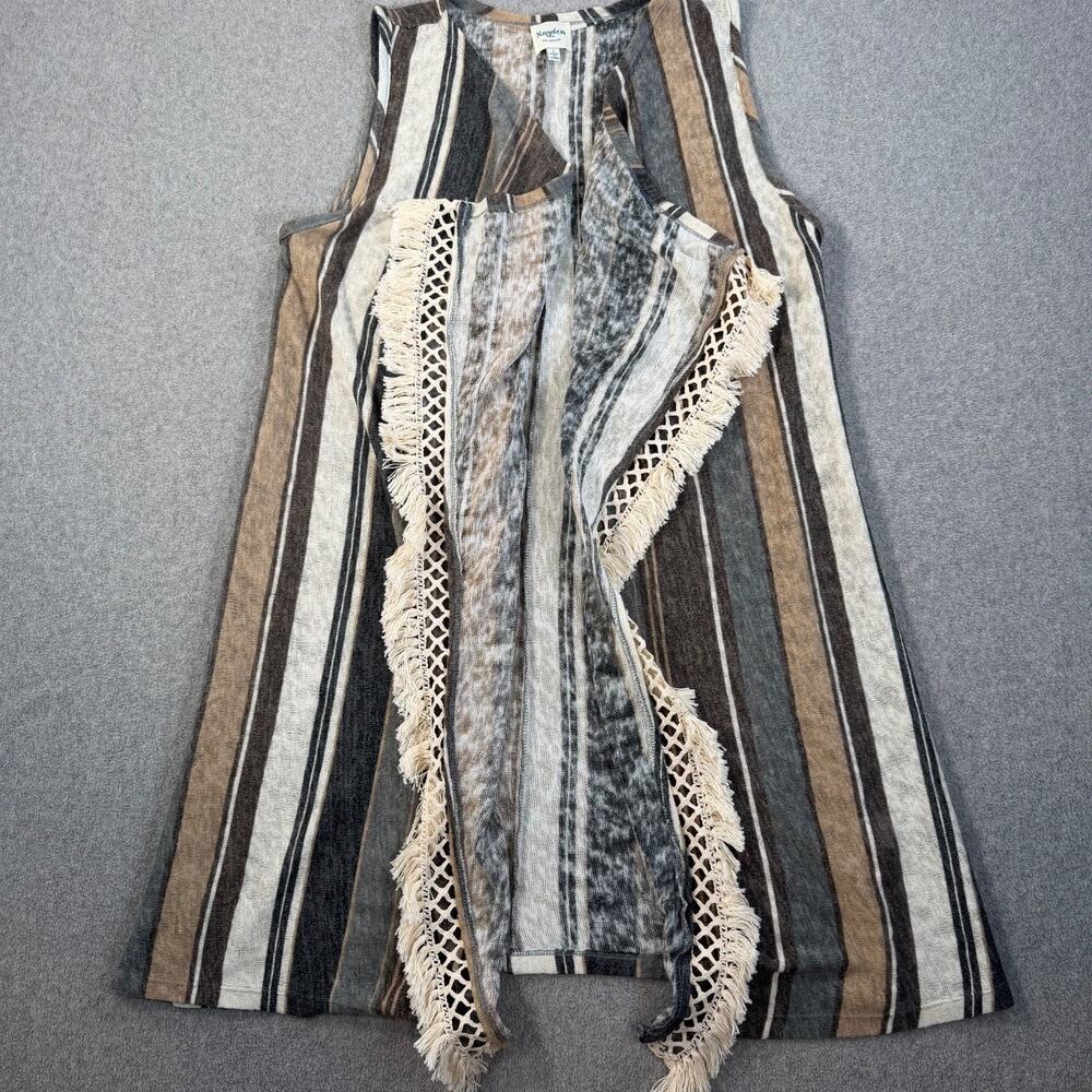 Hayden Los Angeles Women's Large Striped Open Front Fringe Crochet Vest Boho
